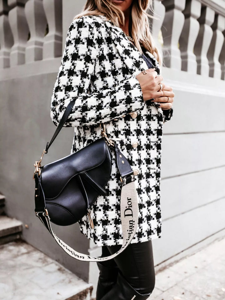 Houndstooth tweed double-breasted blazer coat with gold buttons