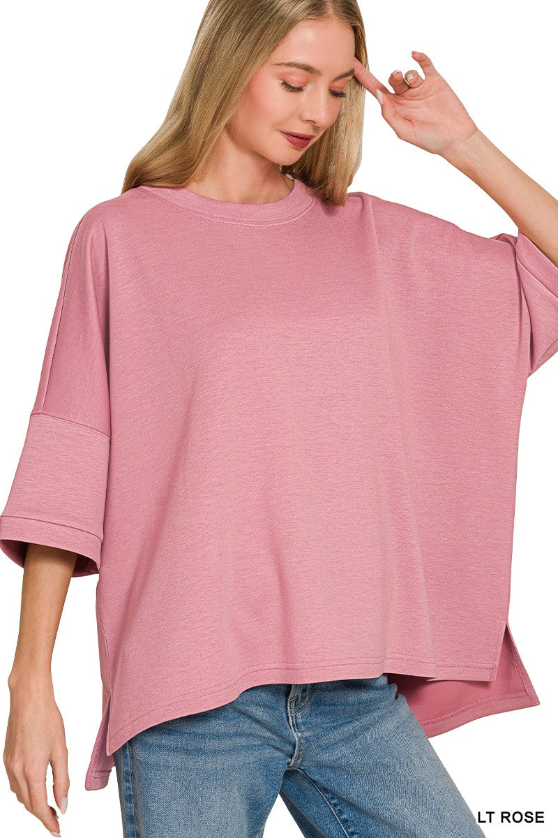 Oversized scuba knit top with drop shoulders and side slits