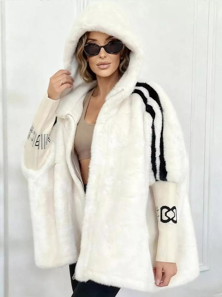 White Hooded faux fur coat with striped trim and knit sleeves