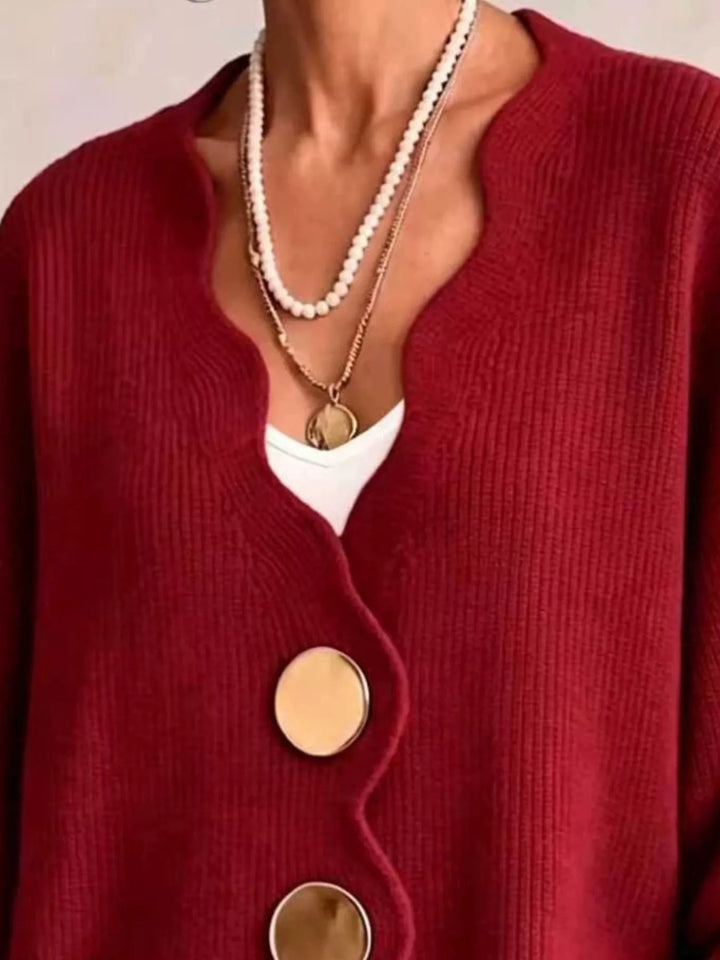 Scalloped-edge ribbed knit oversized button-down cardigan