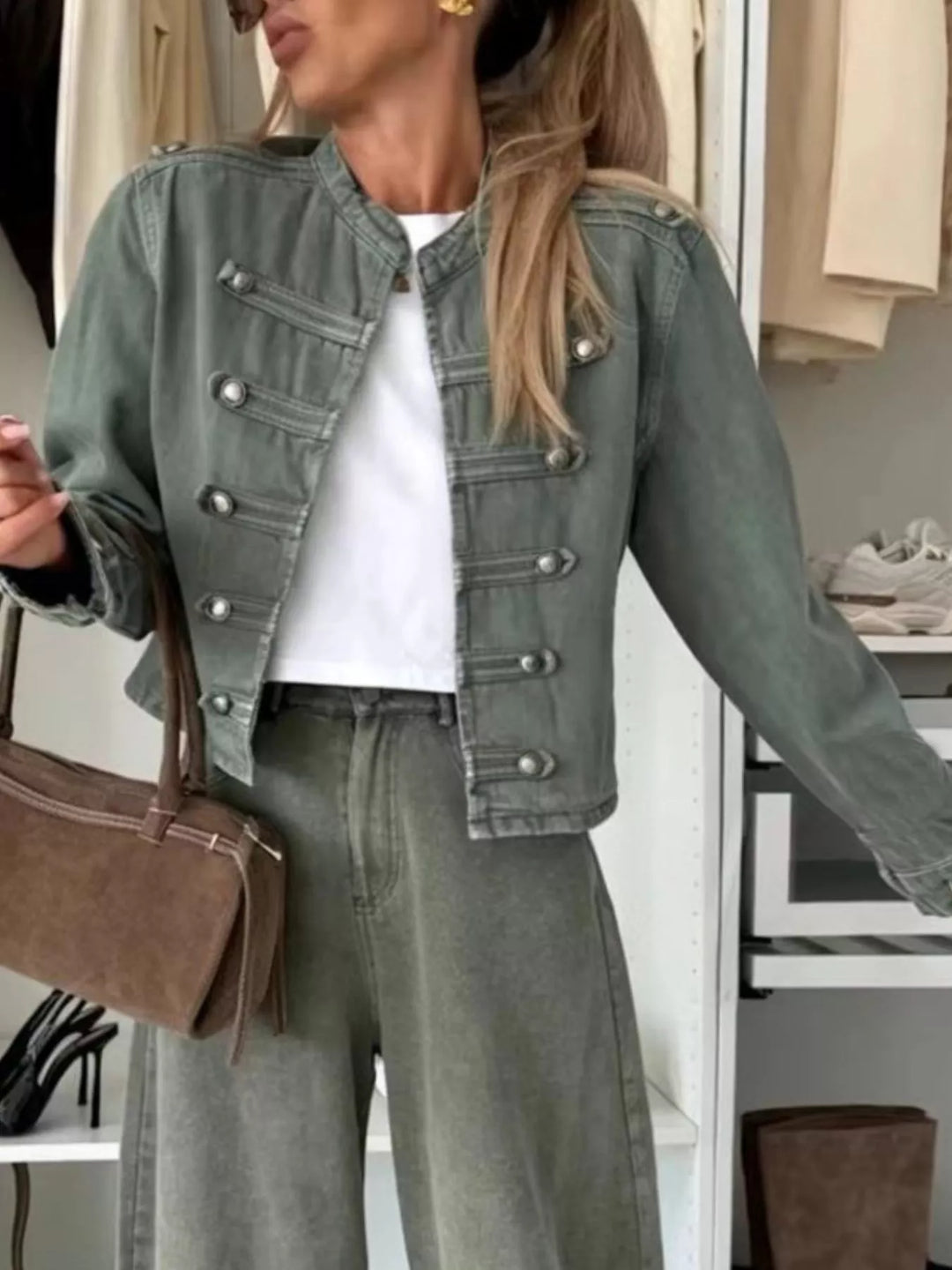 Cropped denim military jacket with dome buttons