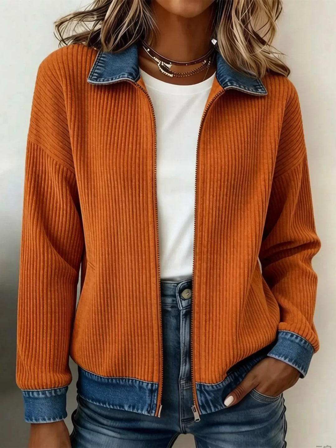 Orange Ribbed knit zip-up jacket with denim collar and cuffs