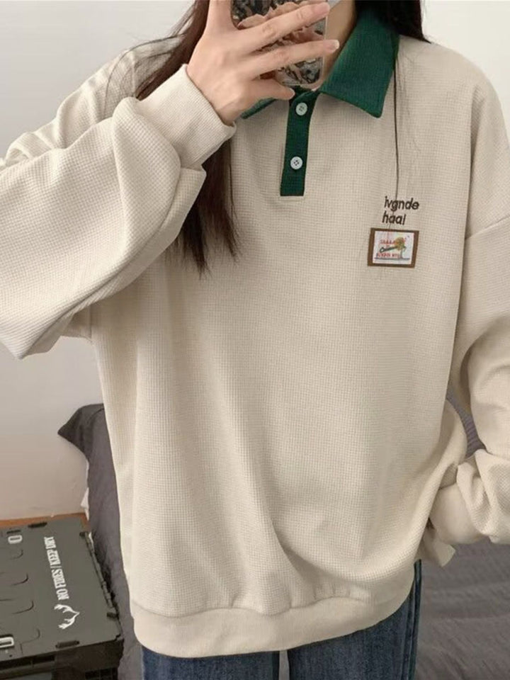 Contrast collar waffle-knit polo sweatshirt with drop shoulders