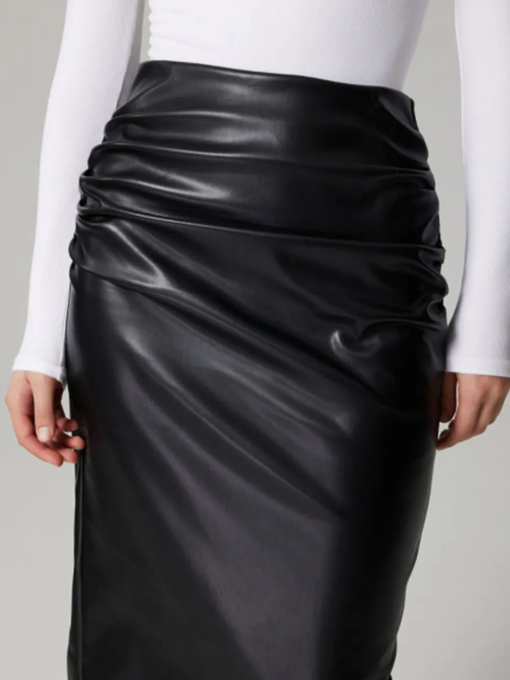 Ruched faux-leather midi skirt with back slit