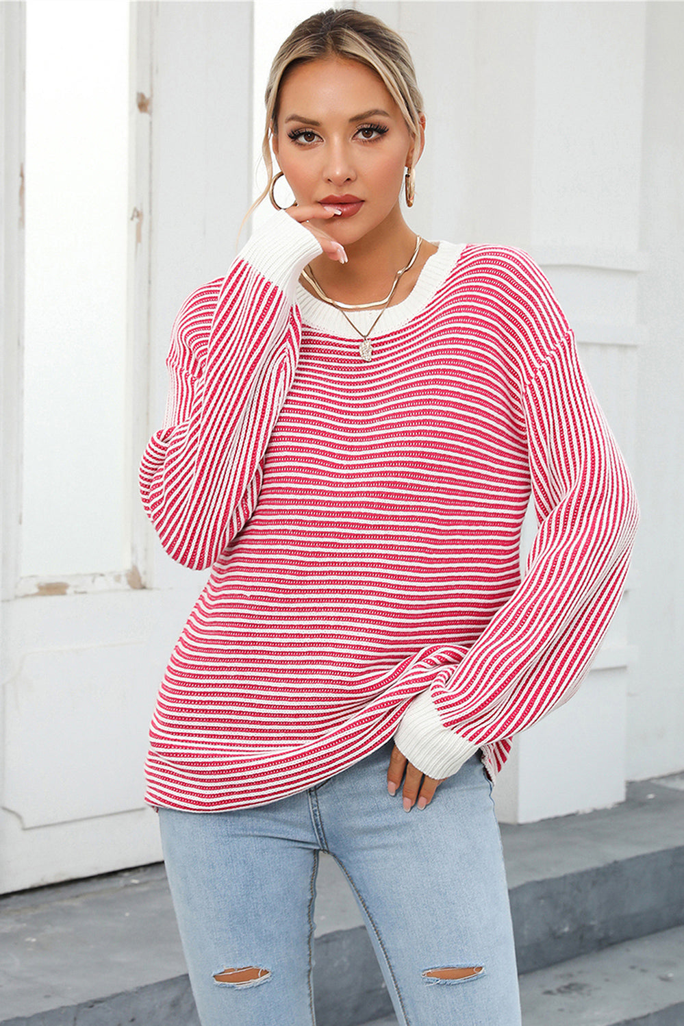 Deep Rose Striped drop-shoulder knit top with ribbed contrast trim