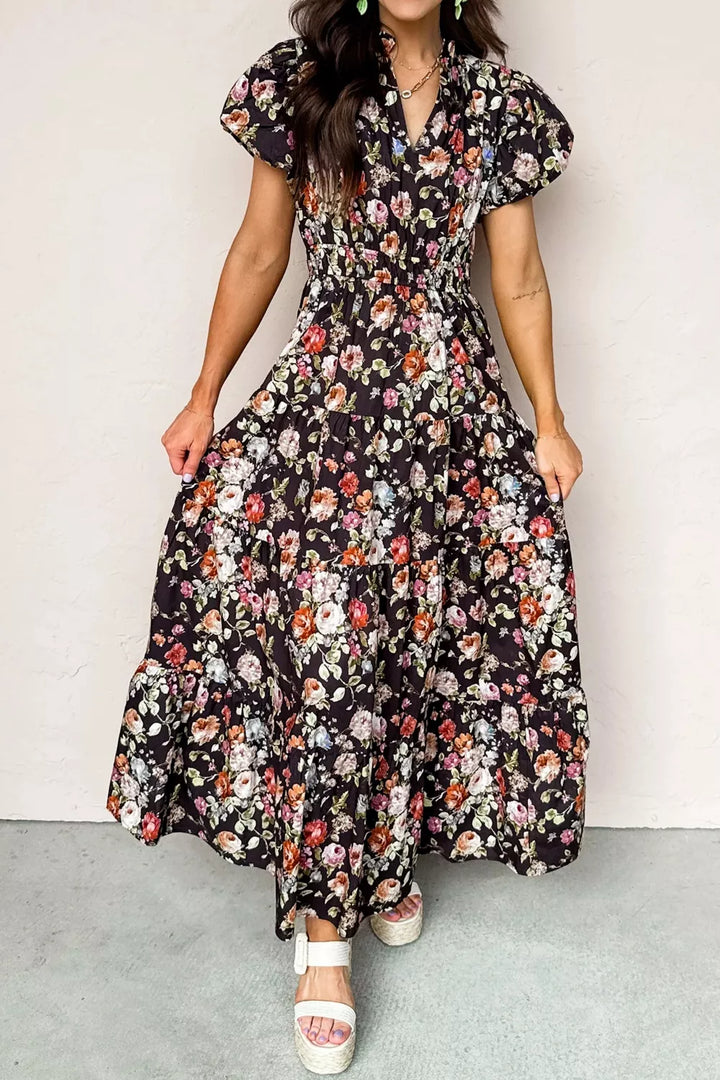 Floral Floral puff sleeve smocked waist tiered maxi dress