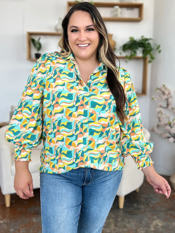Abstract print smocked balloon sleeve blouse