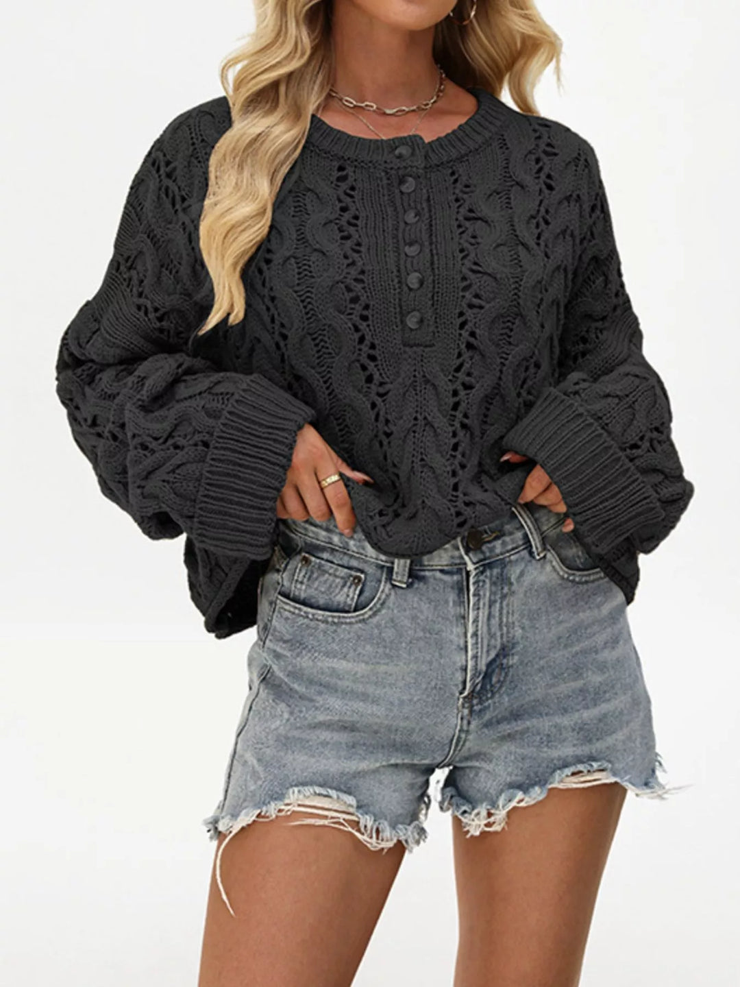 Black Openwork cable knit henley sweater with drop shoulders