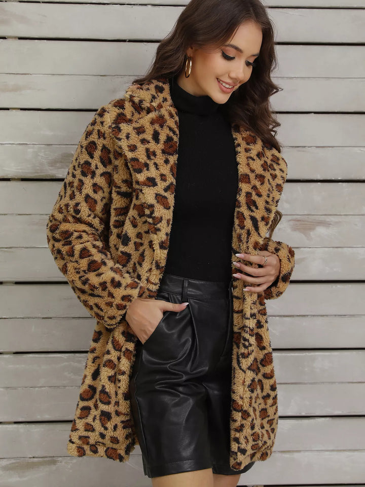 Leopard print fuzzy teddy coat with lapel collar
