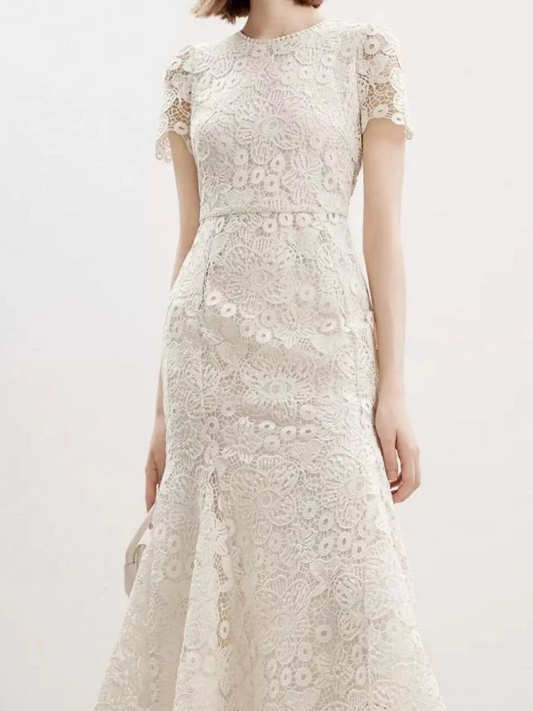 Cream Short sleeve floral lace mermaid maxi dress