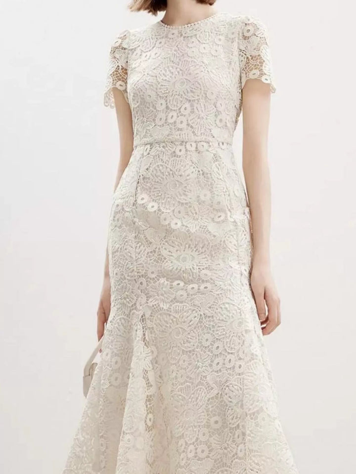 Cream Short sleeve floral lace mermaid maxi dress