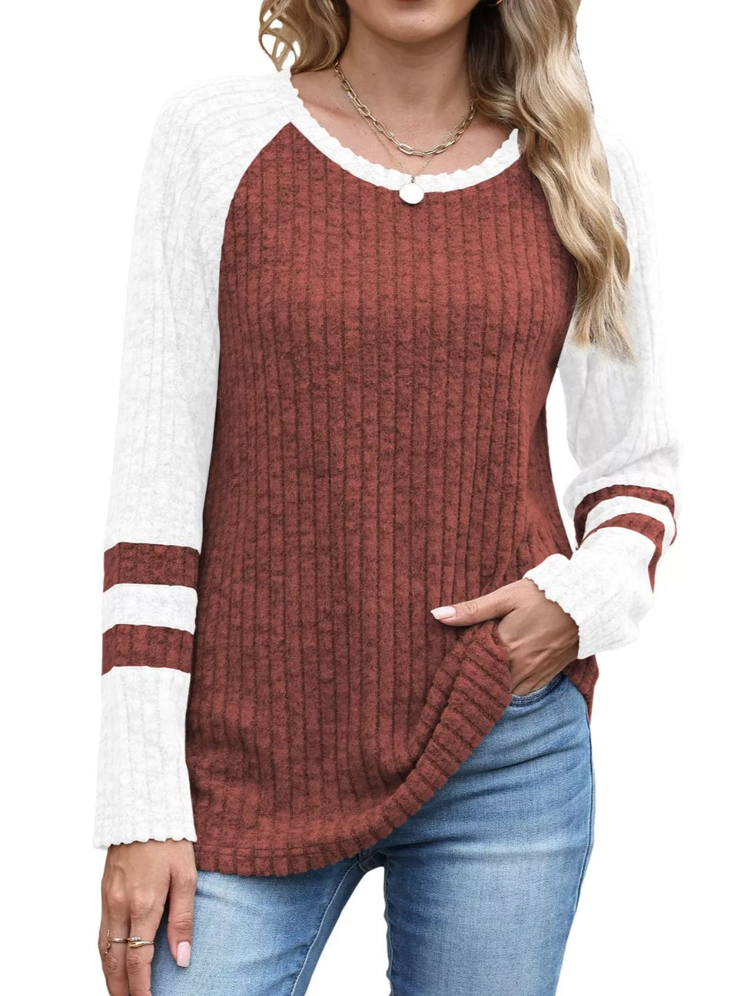 Ribbed knit raglan long sleeve top with varsity stripe sleeves