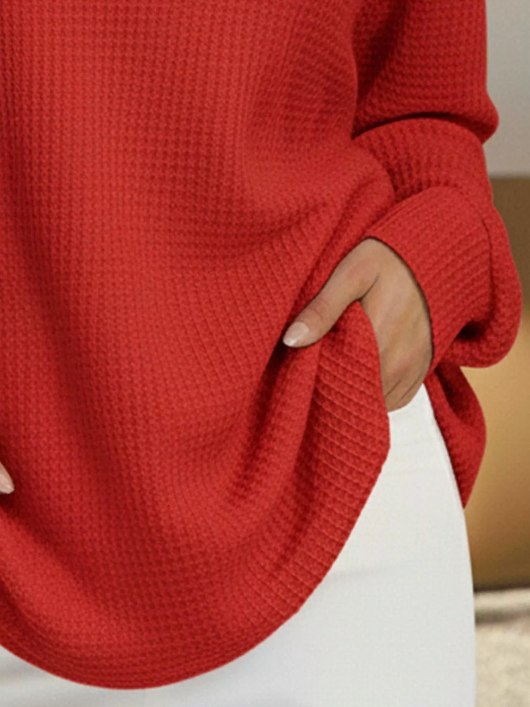 Waffle knit henley top with V-neck button placket