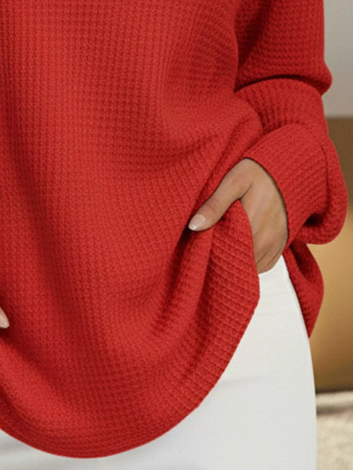 Waffle knit henley top with V-neck button placket