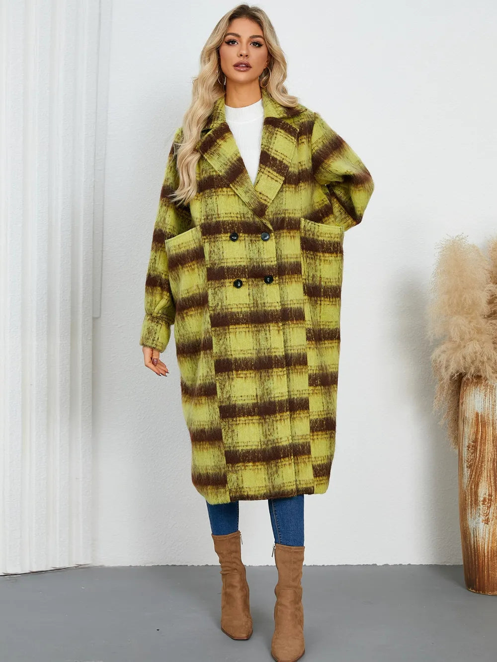 Lime Plaid double-breasted longline coat with notch lapel