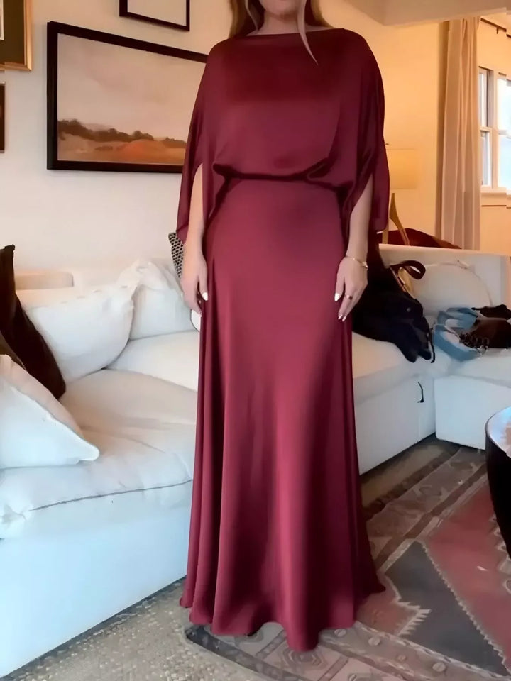 Wine Red Satin batwing sleeve maxi dress with ruched bodice
