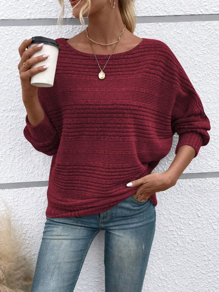 Wine Red Ribbed knit long sleeve top with dolman sleeves