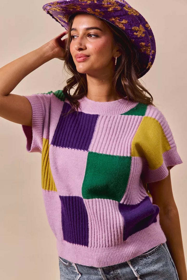 Checkerboard color-block short sleeve sweater top