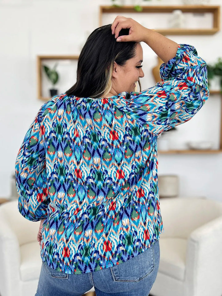 Abstract print balloon sleeve blouse with split neck