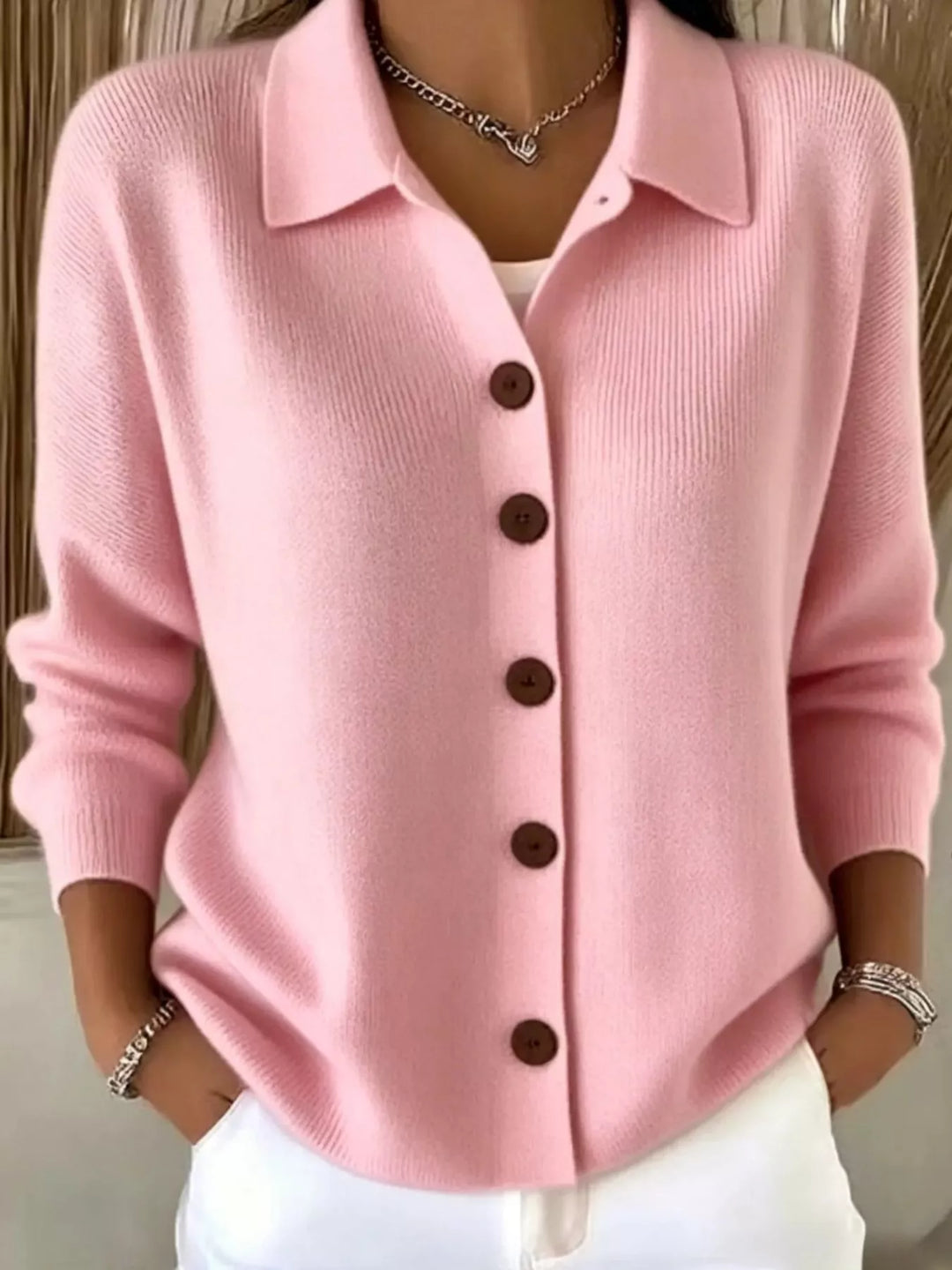 Pink Collared button-front knit cardigan with contrast buttons