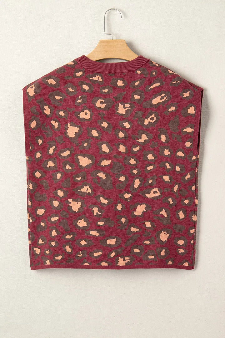 Leopard print cap sleeve knit top with chest pocket