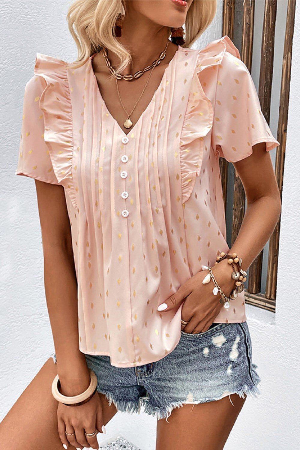 Watermelon pink Ruffle trim pintuck blouse with gold foil dot print