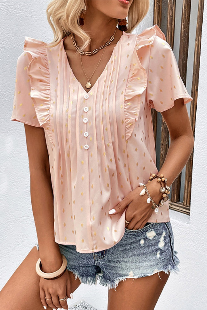 Watermelon pink Ruffle trim pintuck blouse with gold foil dot print
