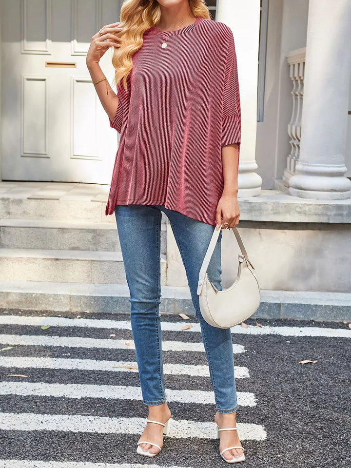 Ribbed knit dolman-sleeve relaxed crew neck top