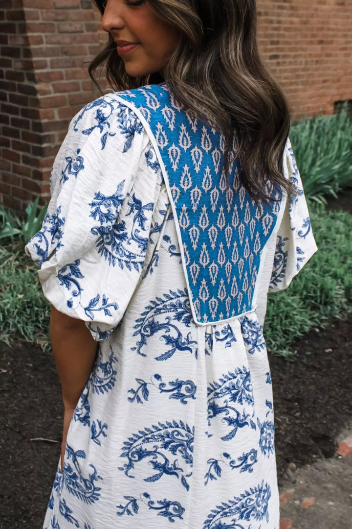 Paisley patchwork v-neck boho midi dress with tassel ties