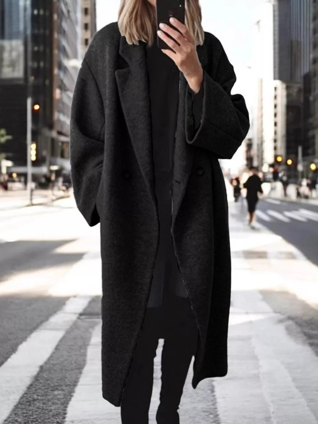 Black Oversized notch lapel longline coat with side pockets