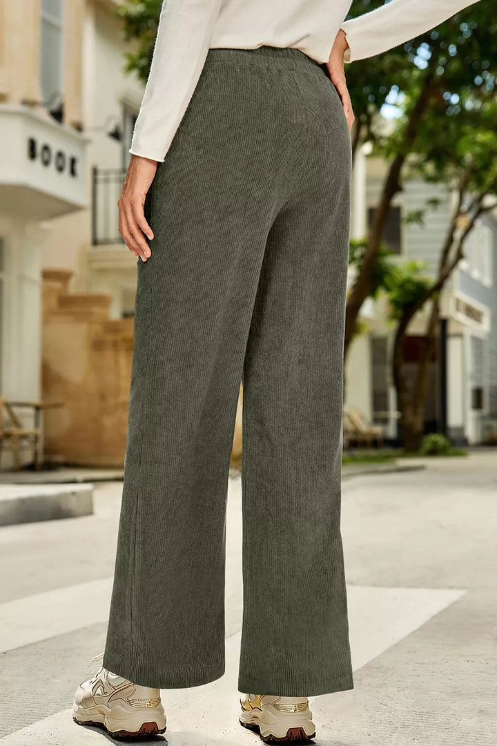 Drawstring corduroy wide leg pants with patch pockets