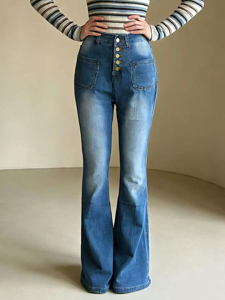 High-waisted button-fly flare jeans with patch pockets