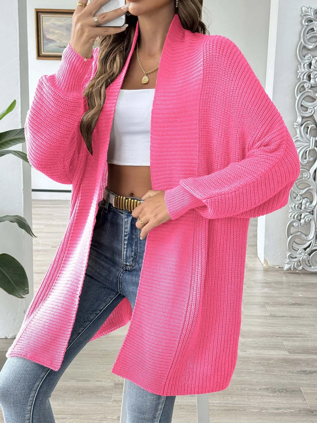 Waffle knit open front cardigan with dolman sleeves