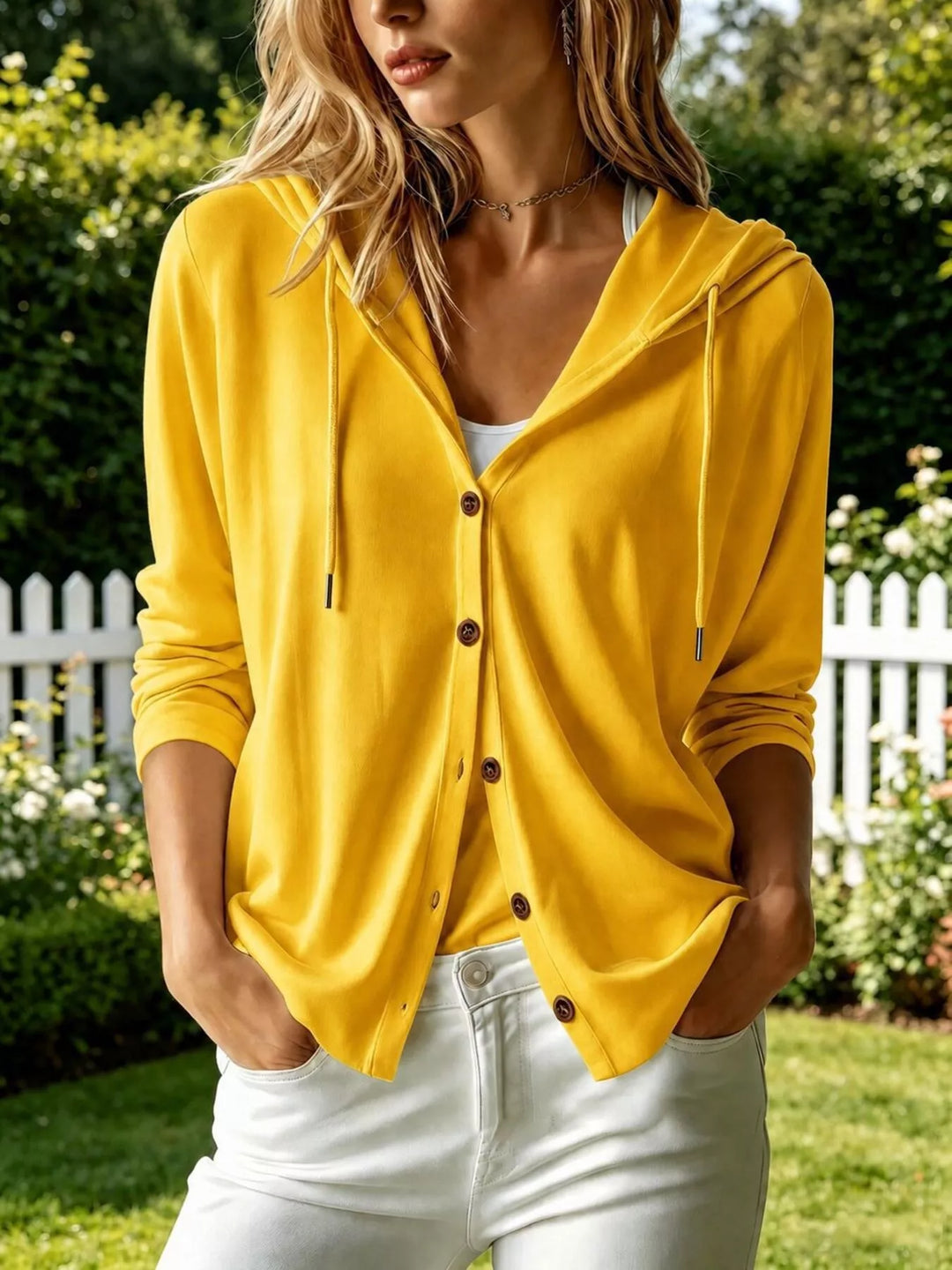 Yellow Hooded button-front knit cardigan with drawstring