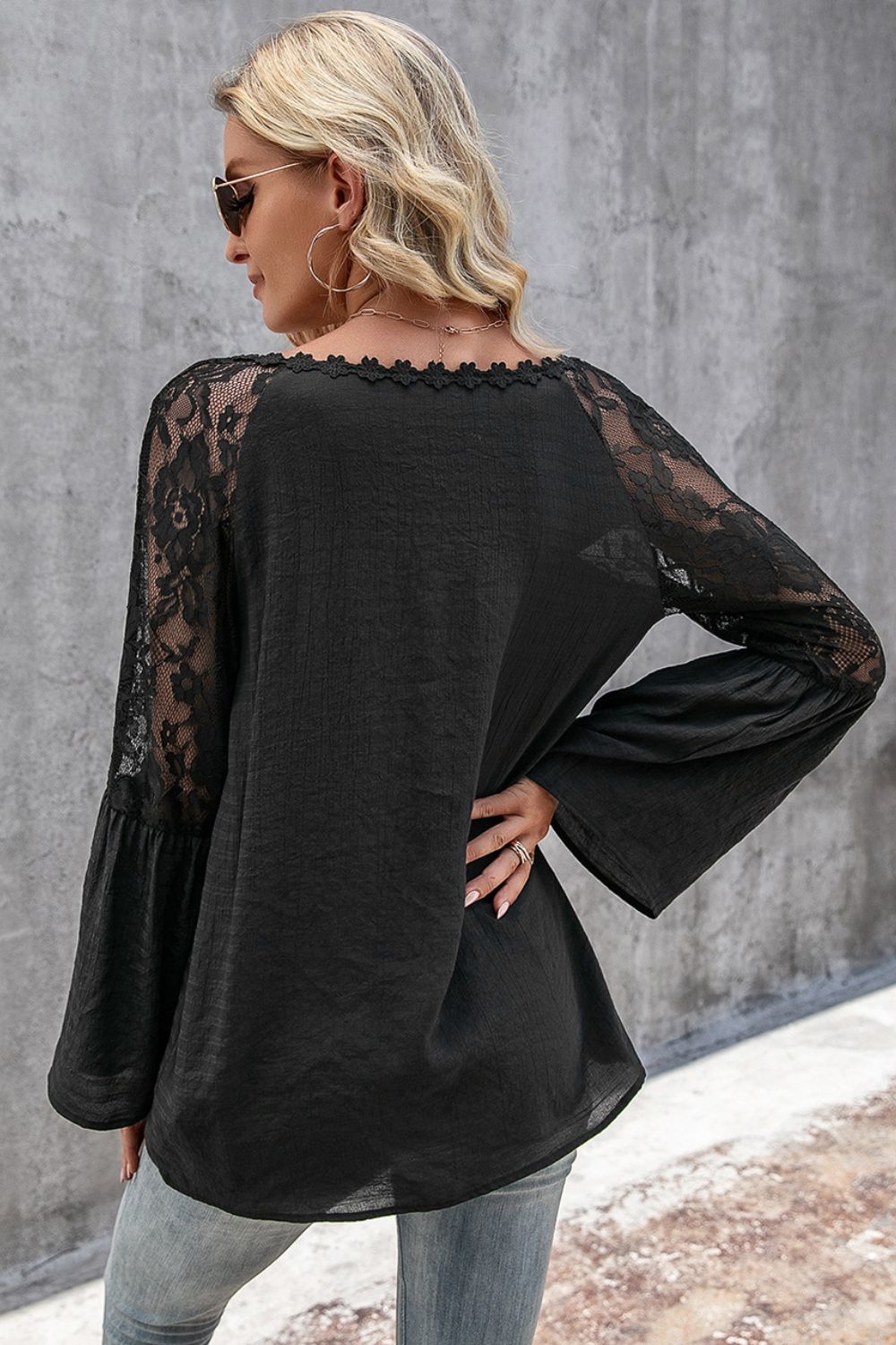 Floral lace panel V-neck bell sleeve top