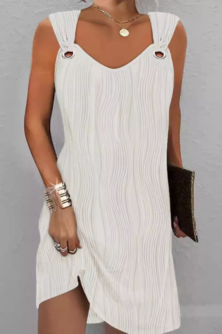 White Textured wavy sleeveless mini shift dress with grommet straps