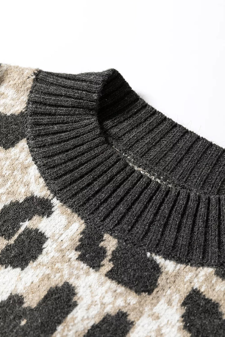 Leopard print drop shoulder knit pullover sweater