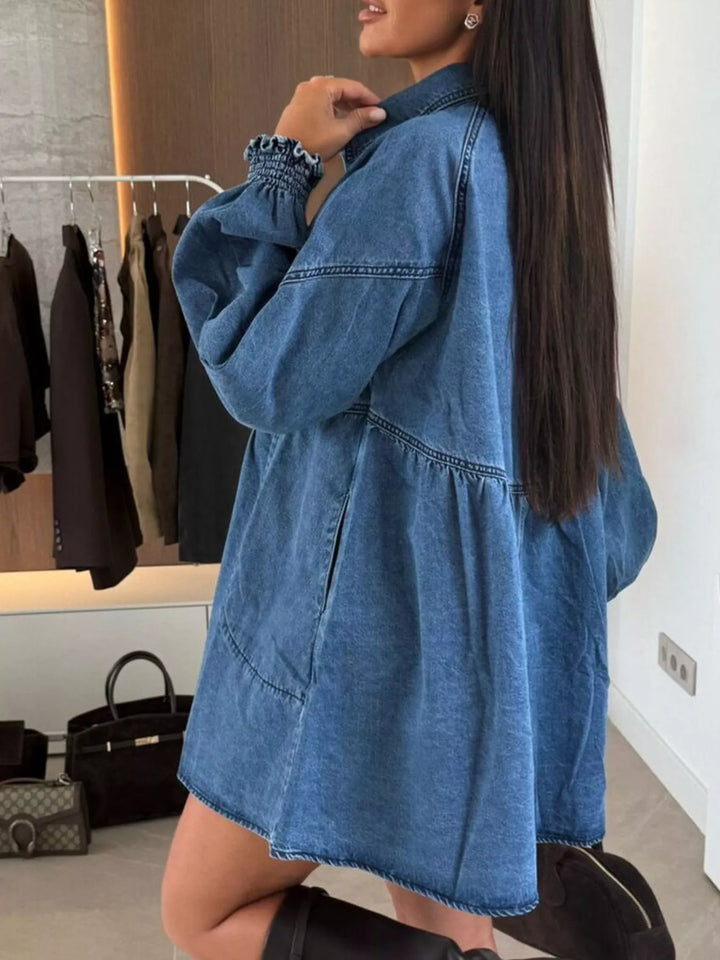 Button-down denim shirt dress with puff sleeves and pockets