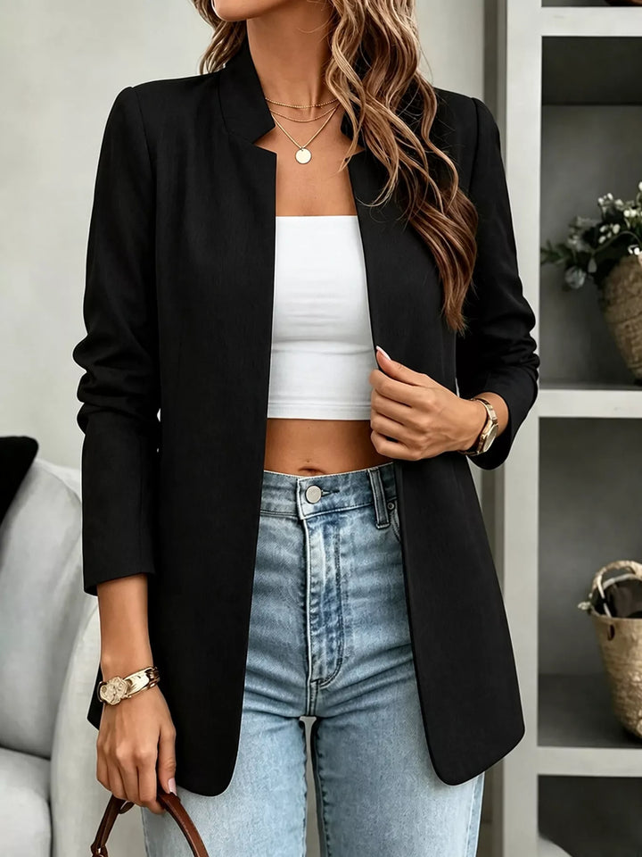 Open-front collarless longline blazer with long sleeves