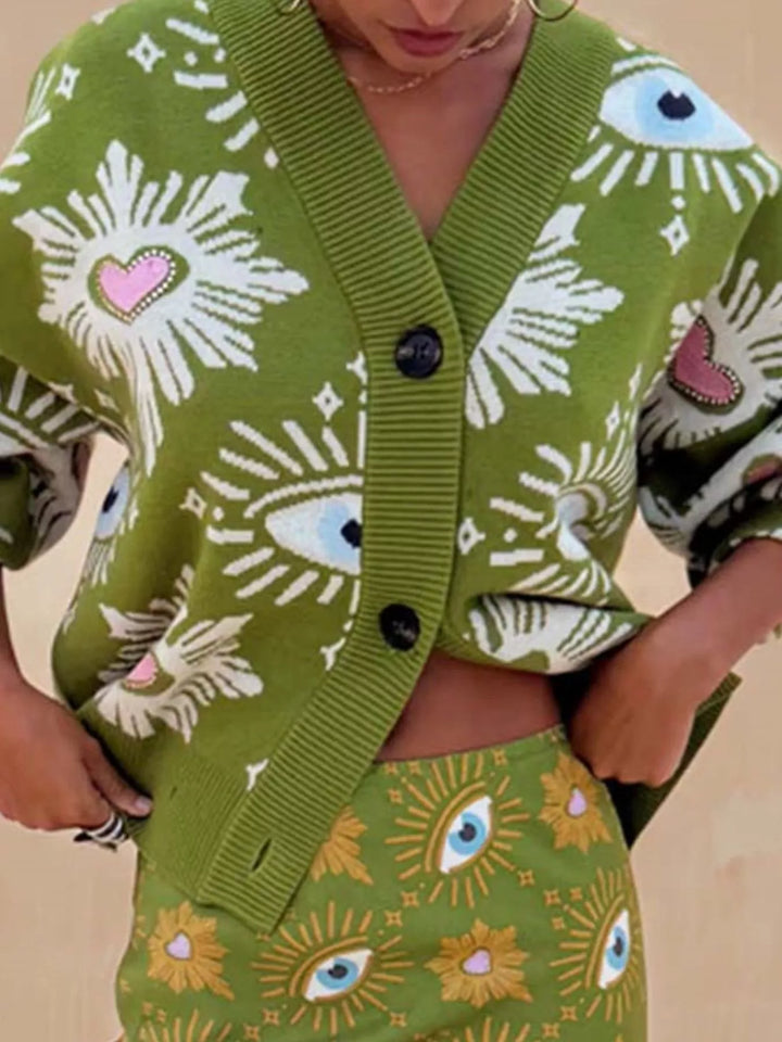 Green Evil eye print dropped shoulder button-down knit cardigan