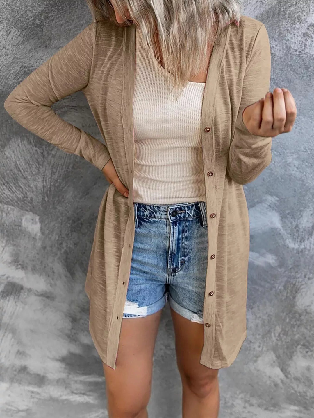 Khaki Lightweight button-front longline open knit cardigan