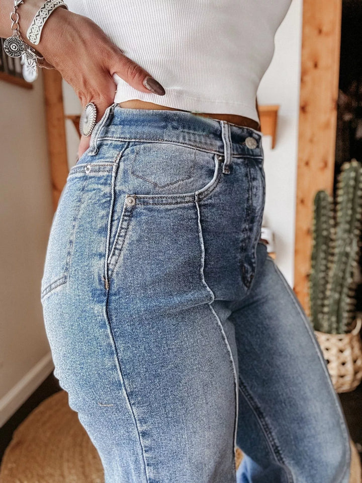 Contrast-seam high-rise wide leg cuffed jeans