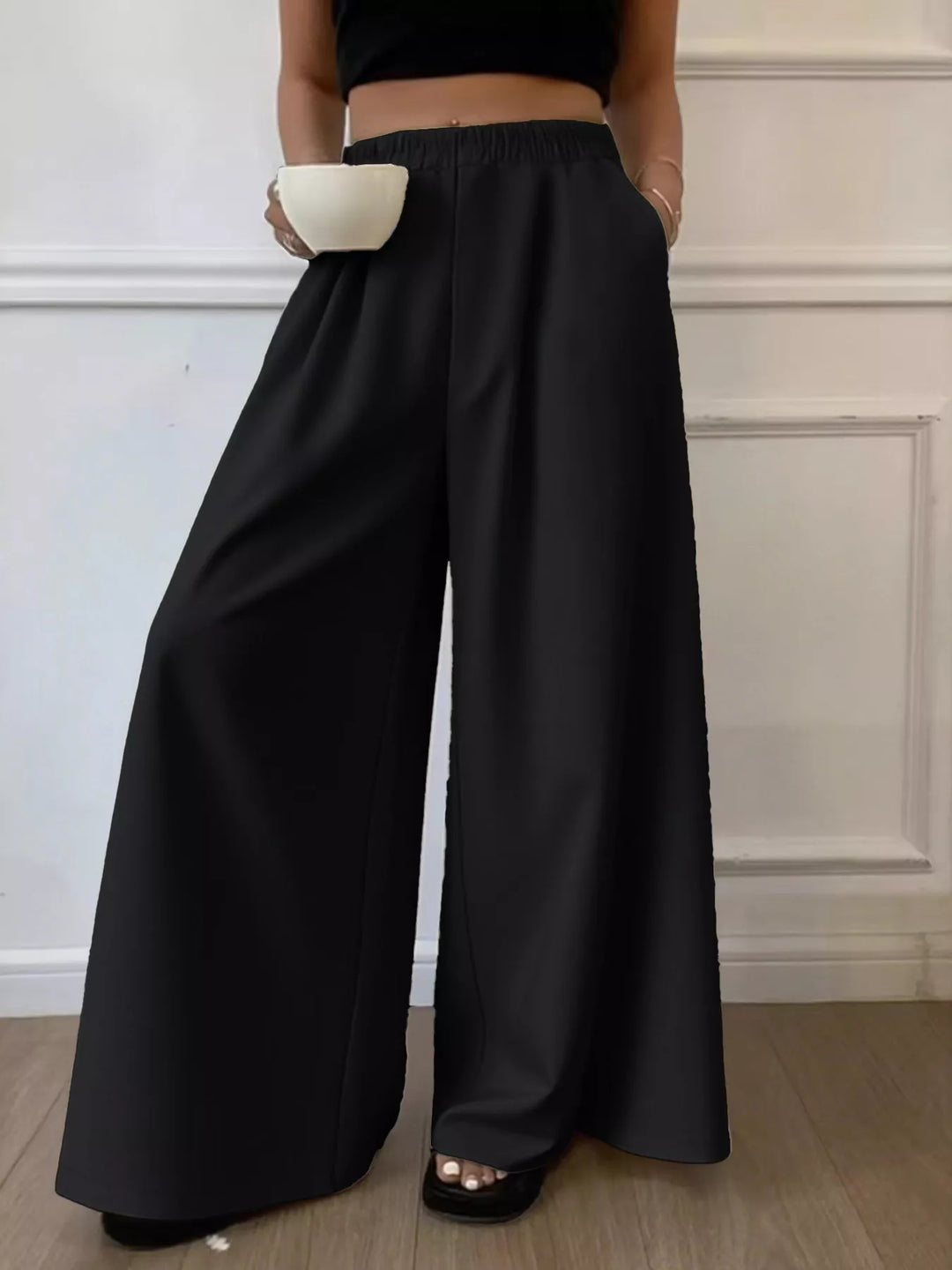 Black Plus Size Elastic Waist Wide Leg Pants