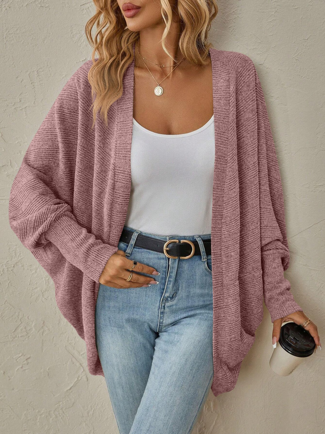 Dusty Pink Ribbed open-front batwing sleeve cardigan