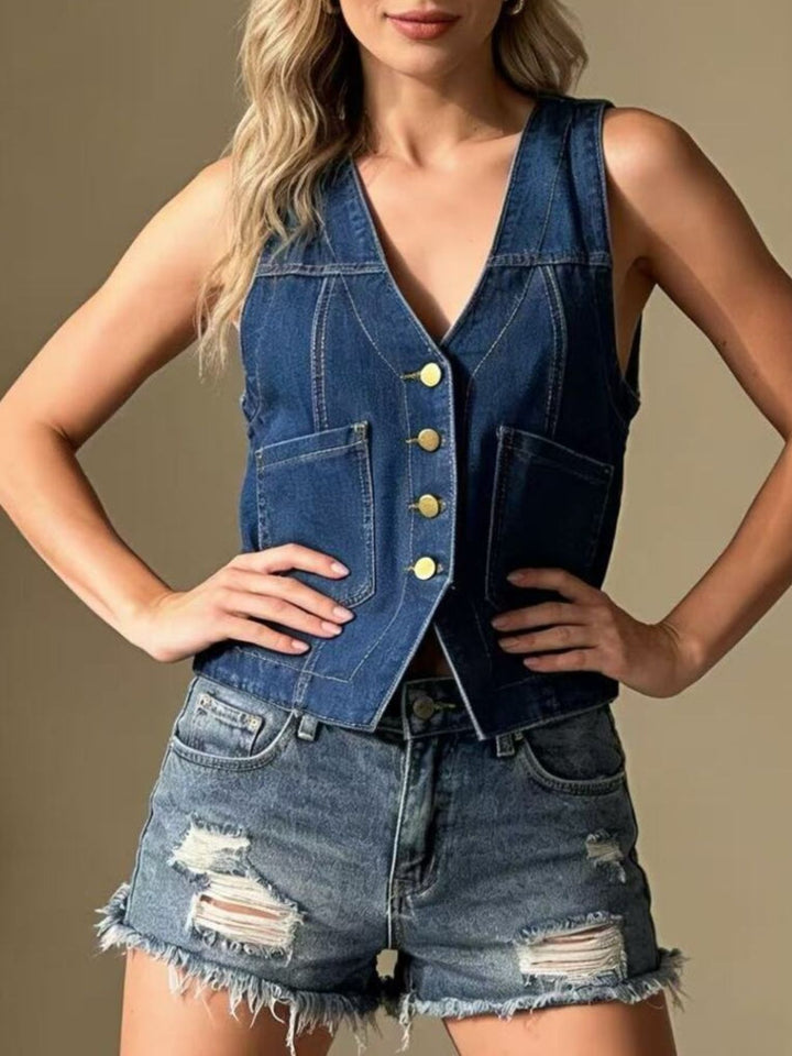 Dark Blue Button-down denim vest with patch pockets