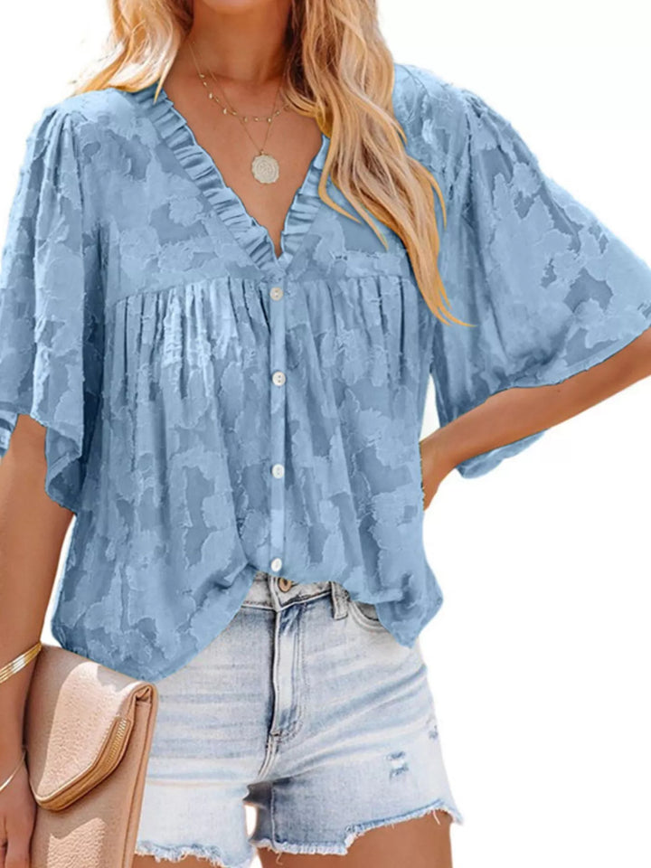 Blue Textured V-neck ruffle-trim button-down blouse