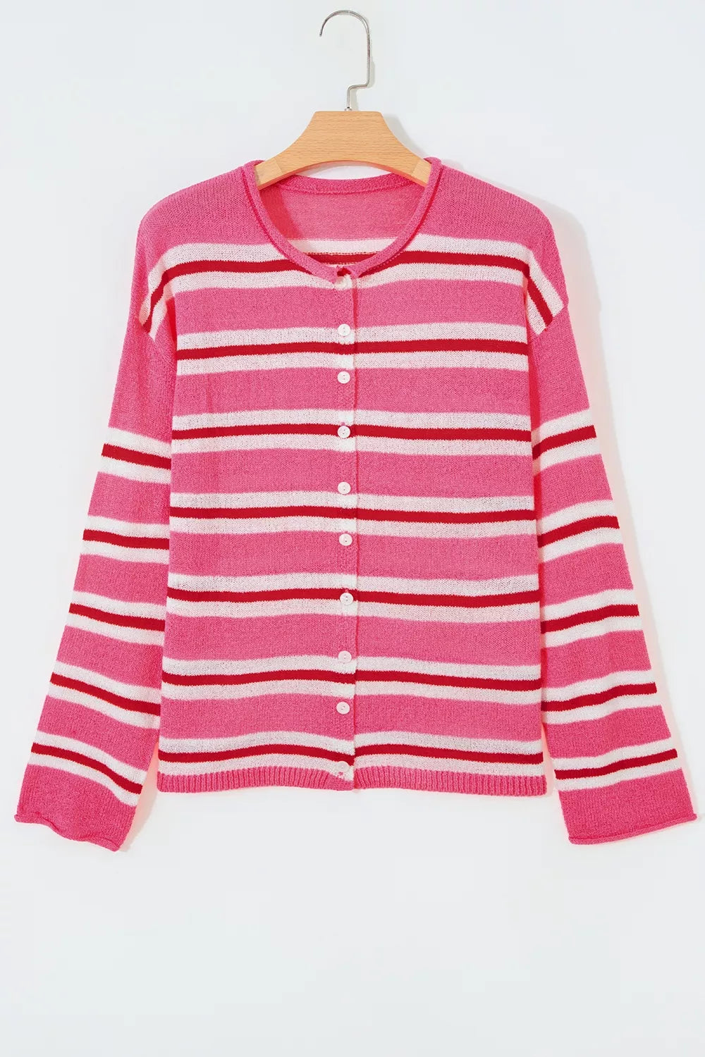 Striped knit button-front cardigan with rolled crew neck