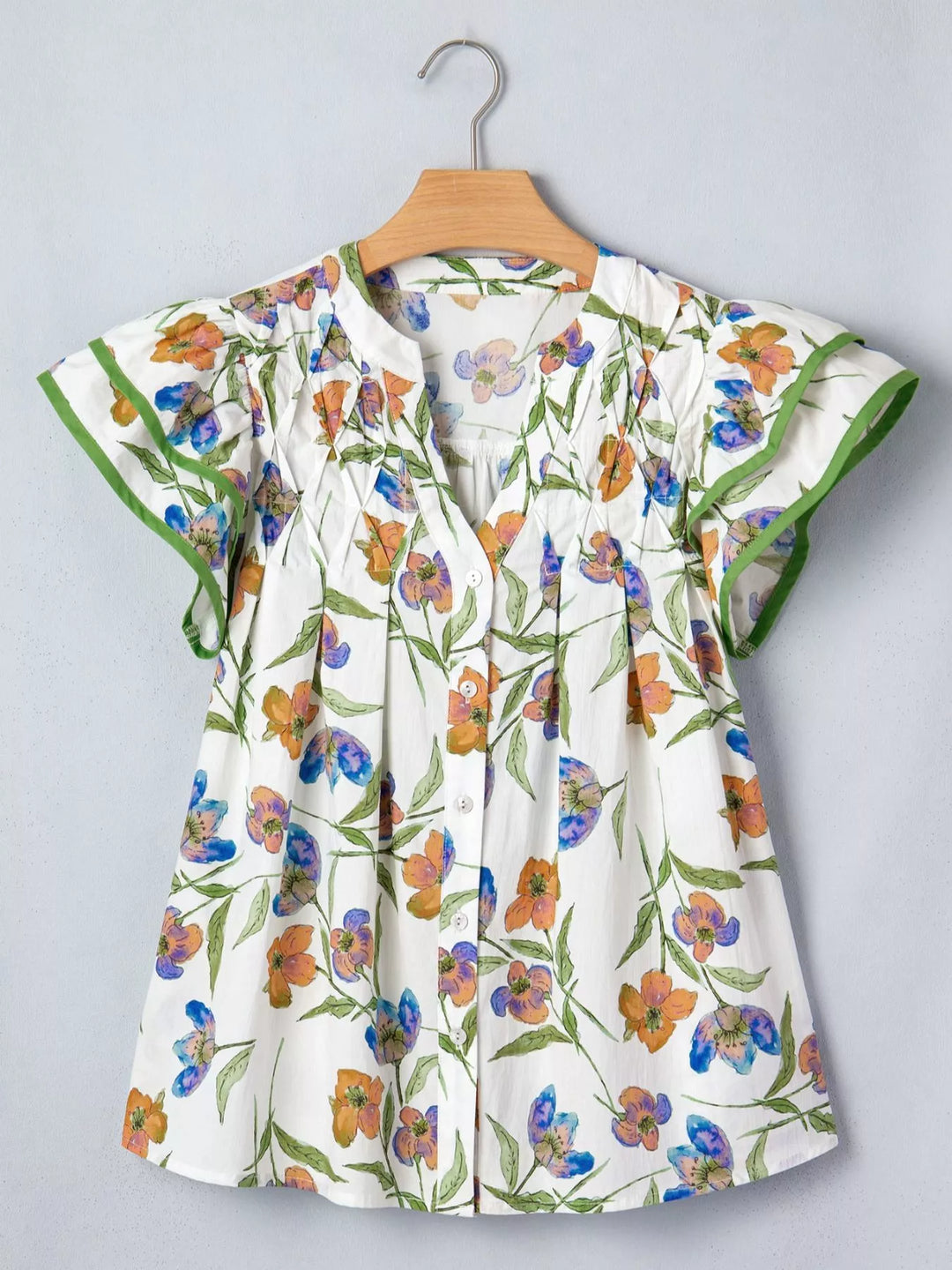 Watercolor floral ruffle-sleeve V-neck cotton blouse