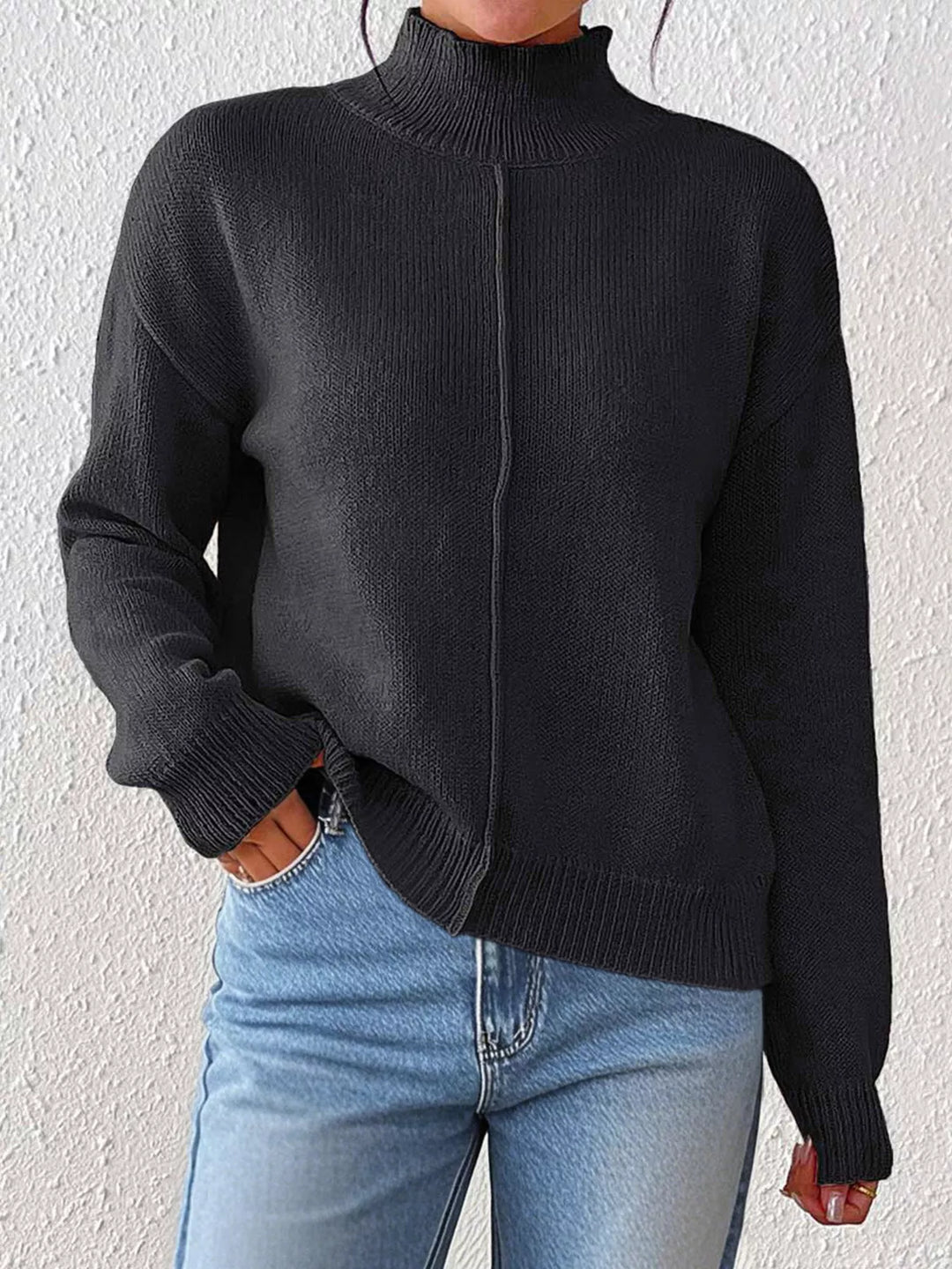 Black Center seam mock neck knit pullover sweater
