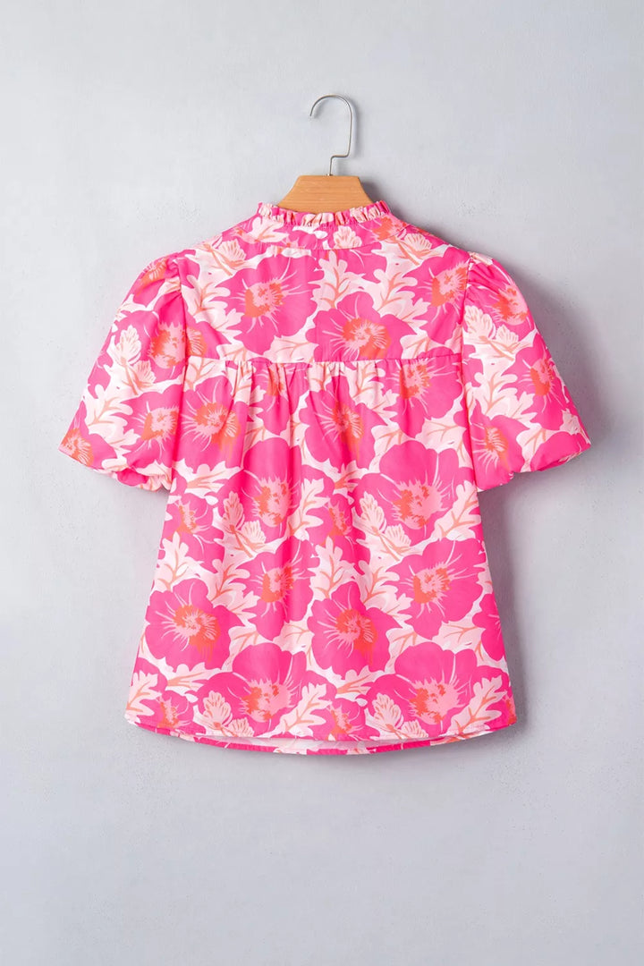 Floral bubble sleeve babydoll blouse with ruffle neckline